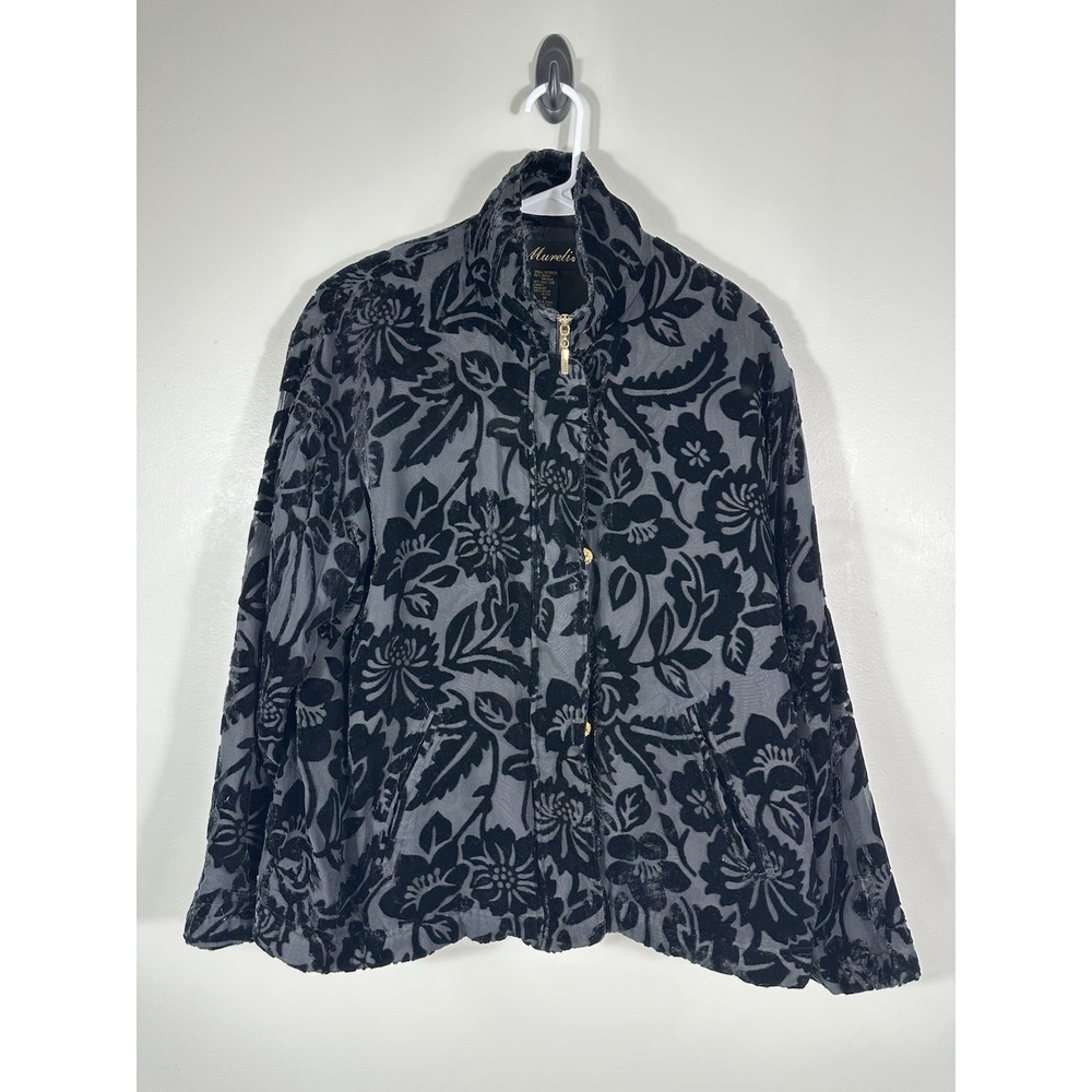 Vintage Mureli Jacket Womens‎ M Black Rayon Silk Floral Bomber 80s 90s